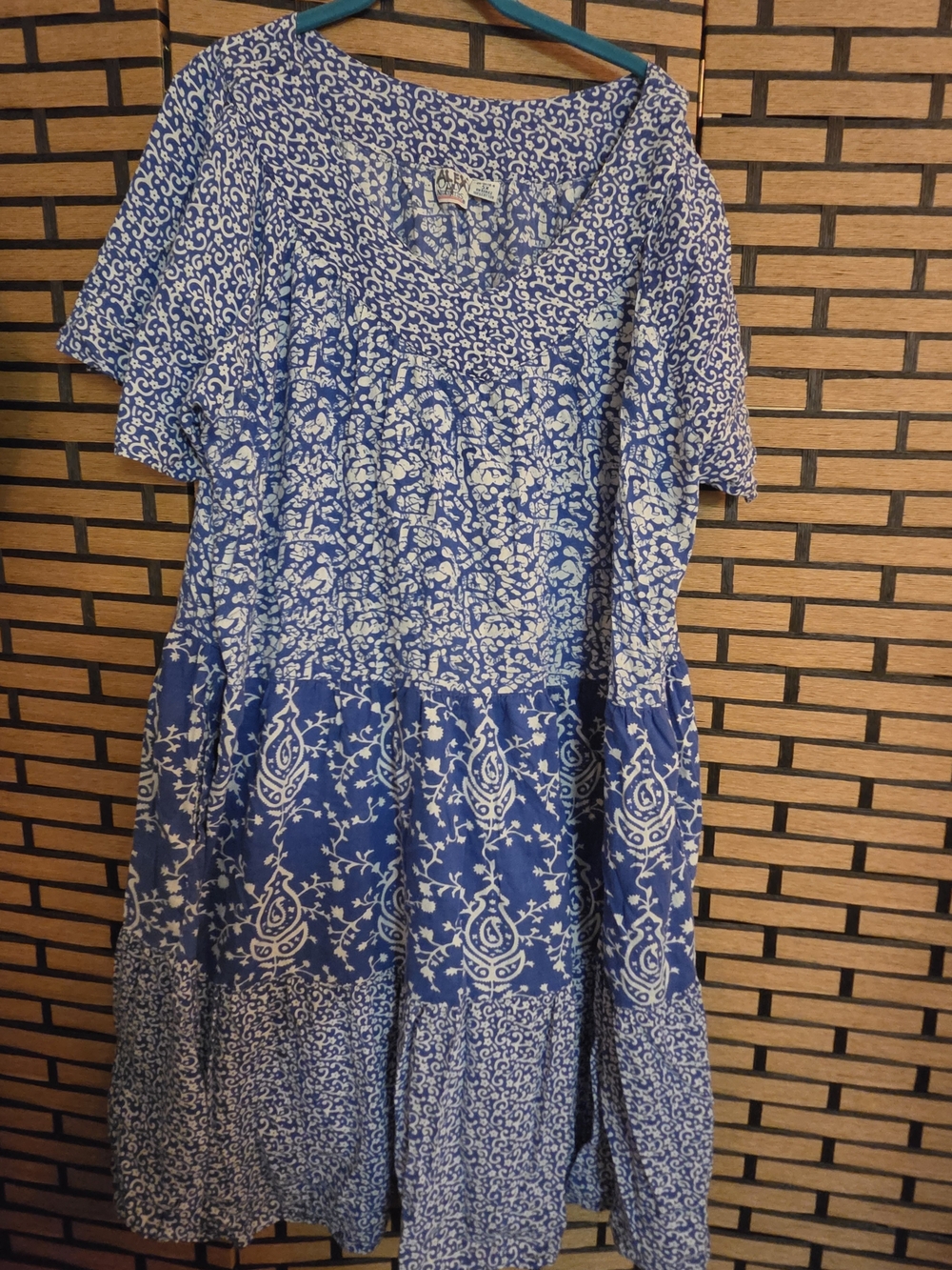 Only Necessities Blue and White Tiered Printed Midi Dress